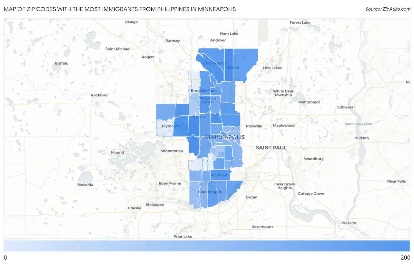 Zip Codes with the Most Immigrants from Philippines in Minneapolis Map