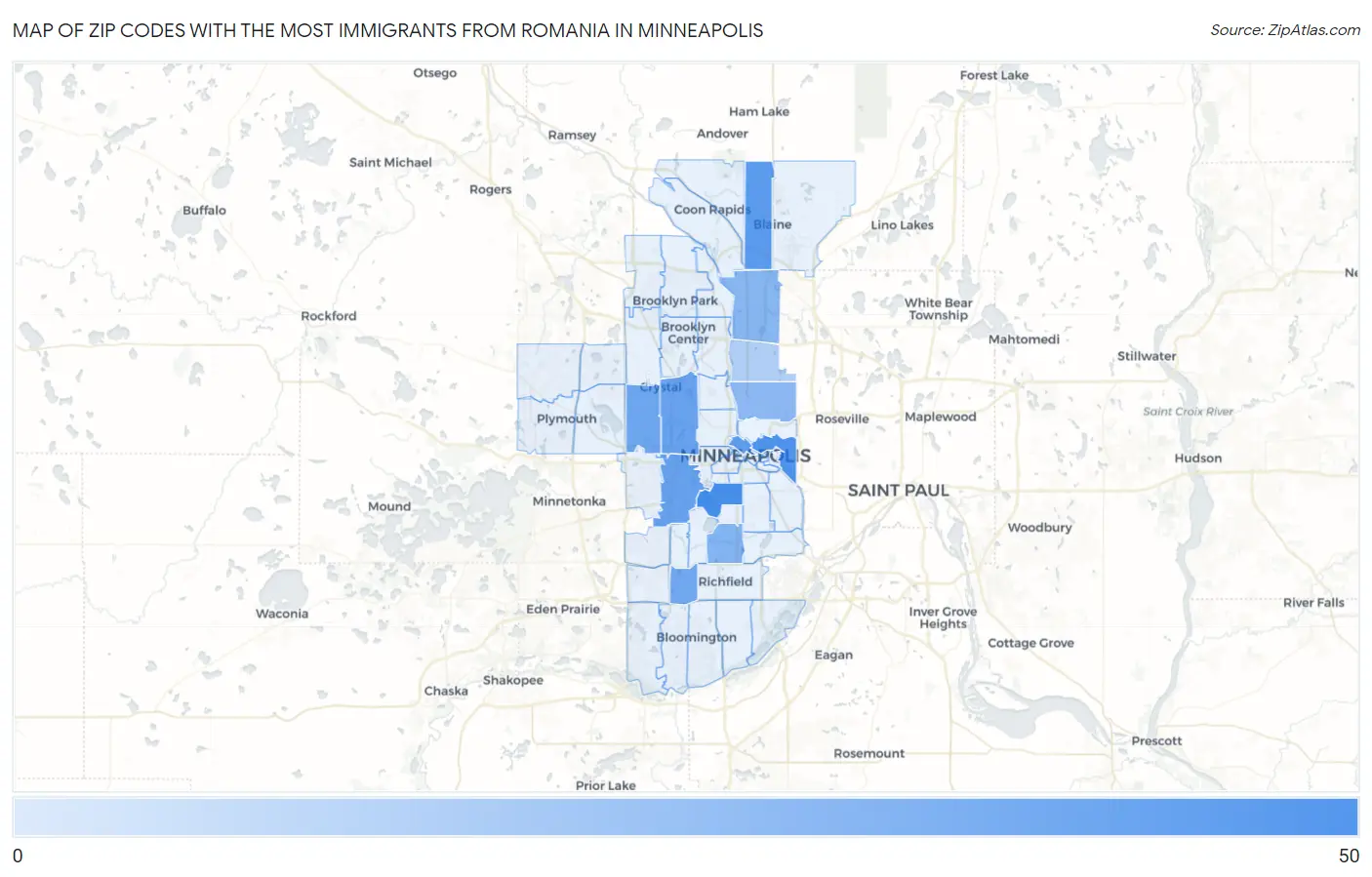 Zip Codes with the Most Immigrants from Romania in Minneapolis Map