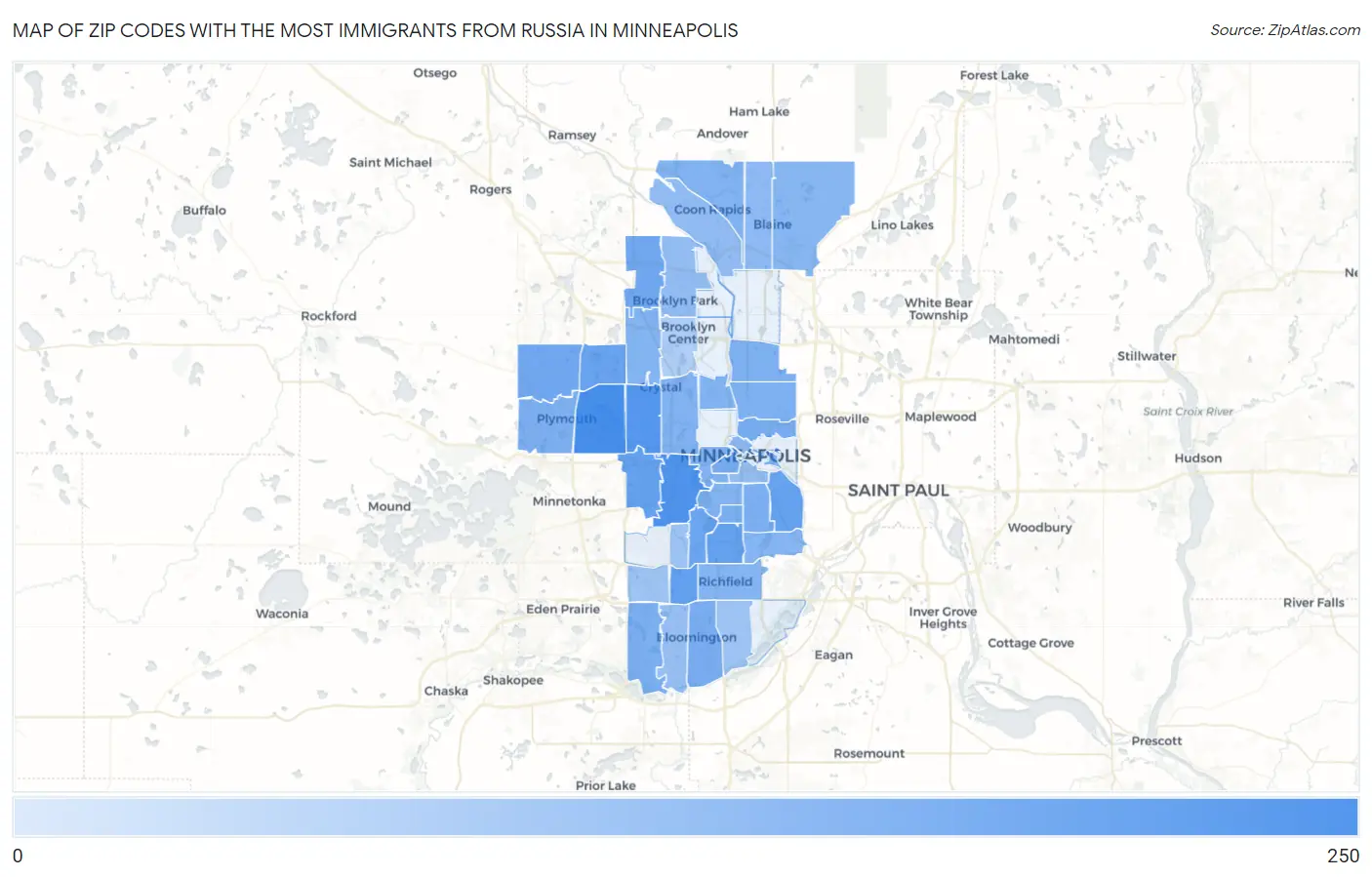 Zip Codes with the Most Immigrants from Russia in Minneapolis Map