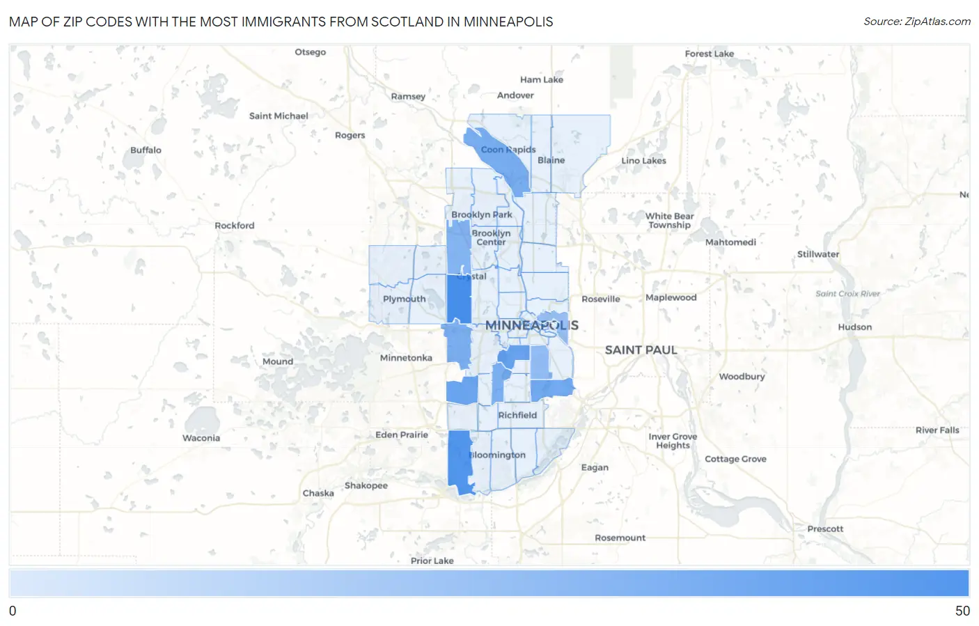 Zip Codes with the Most Immigrants from Scotland in Minneapolis Map
