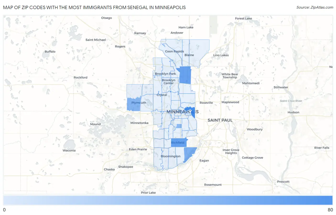 Zip Codes with the Most Immigrants from Senegal in Minneapolis Map