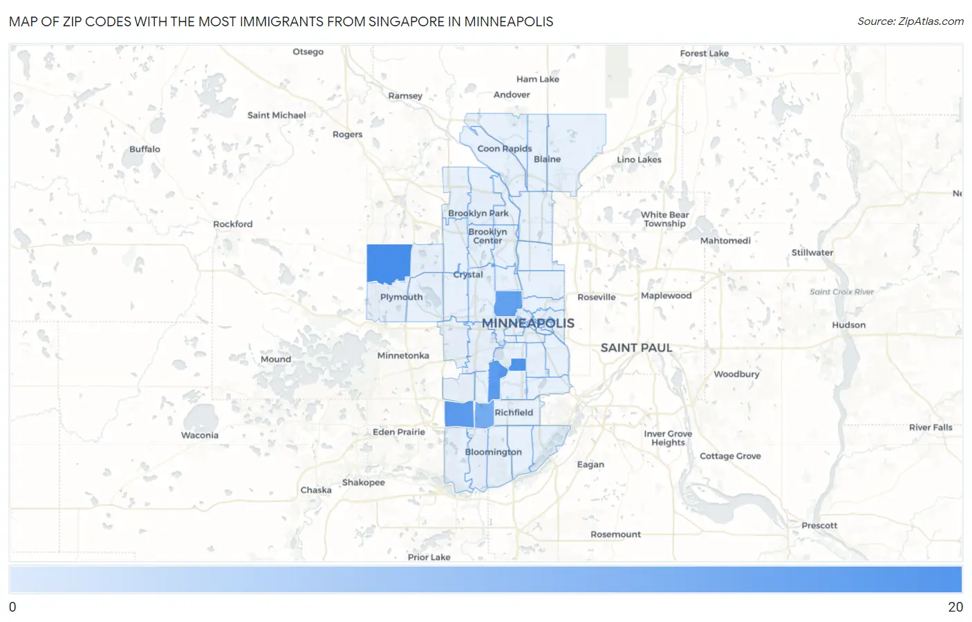 Zip Codes with the Most Immigrants from Singapore in Minneapolis Map