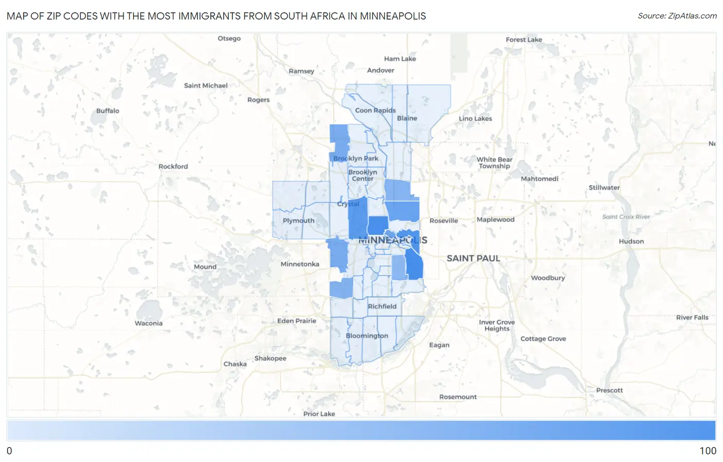 Zip Codes with the Most Immigrants from South Africa in Minneapolis Map