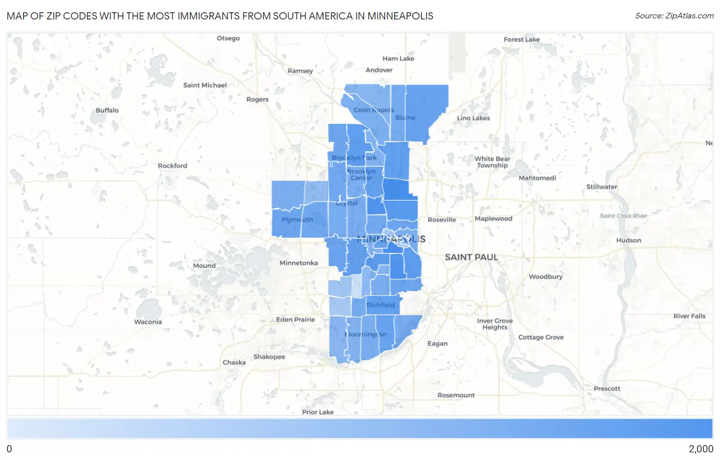 Zip Codes with the Most Immigrants from South America in Minneapolis Map