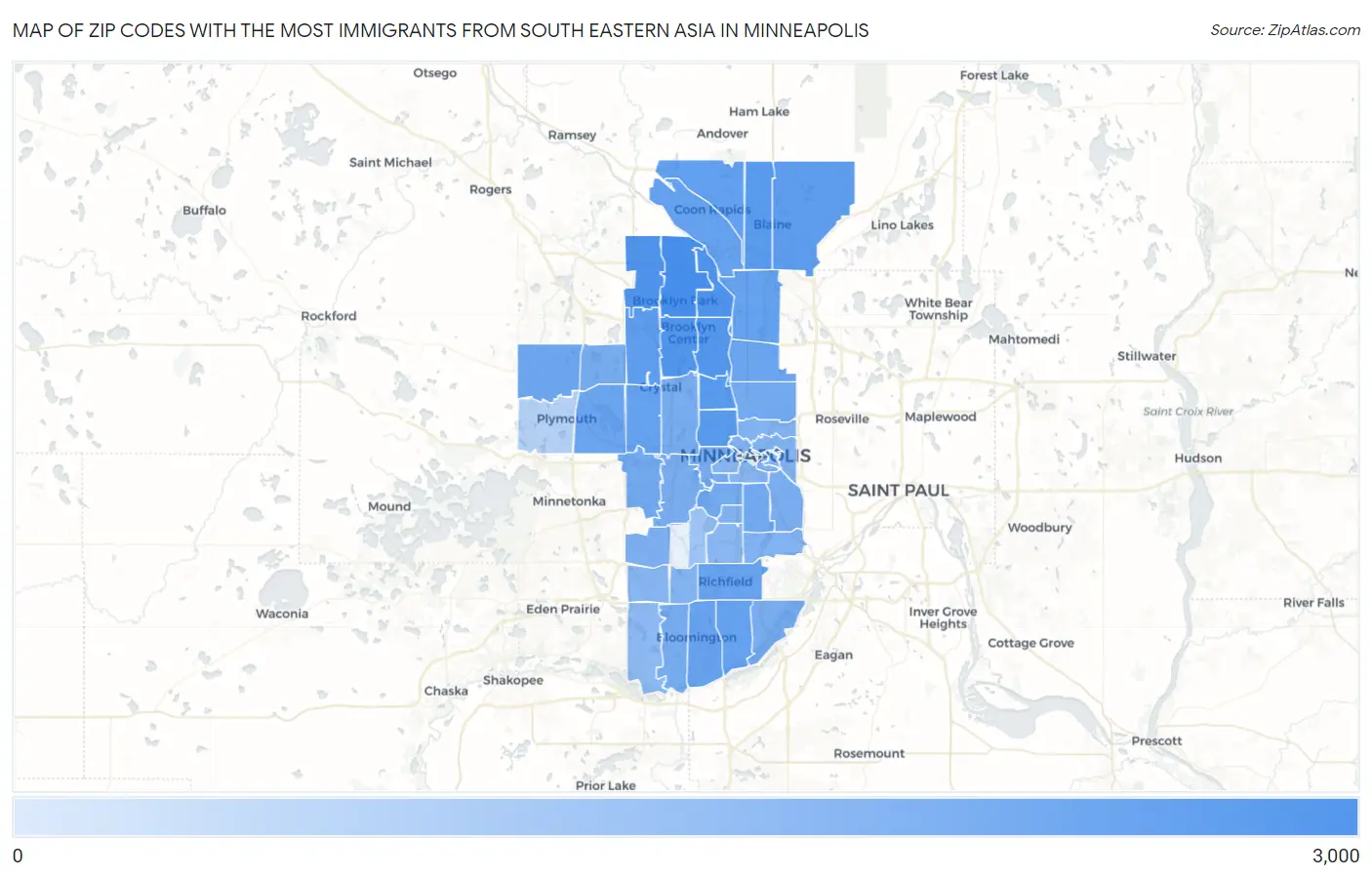 Zip Codes with the Most Immigrants from South Eastern Asia in Minneapolis Map