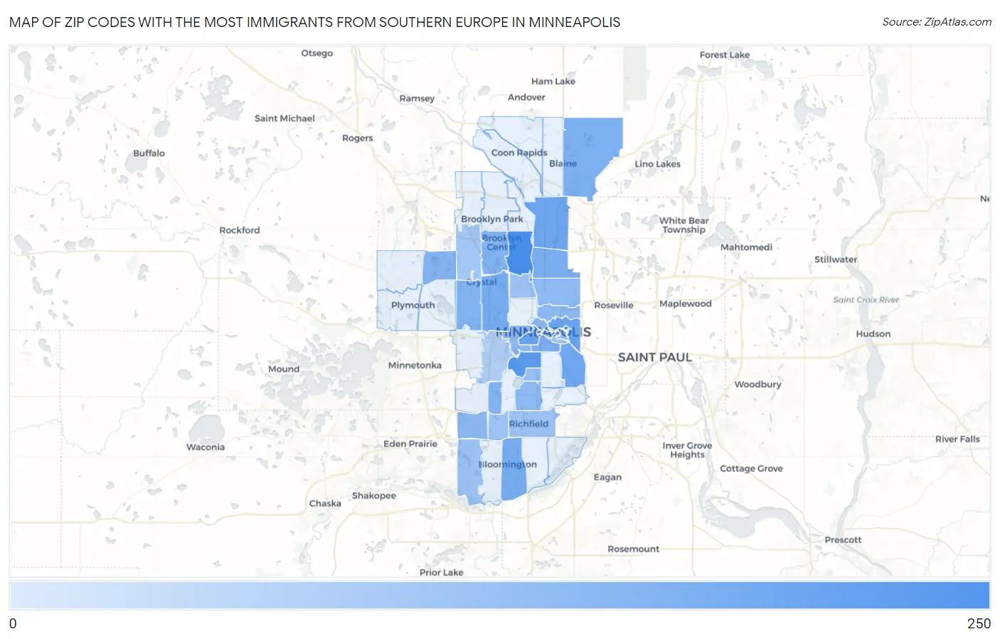 Zip Codes with the Most Immigrants from Southern Europe in Minneapolis Map