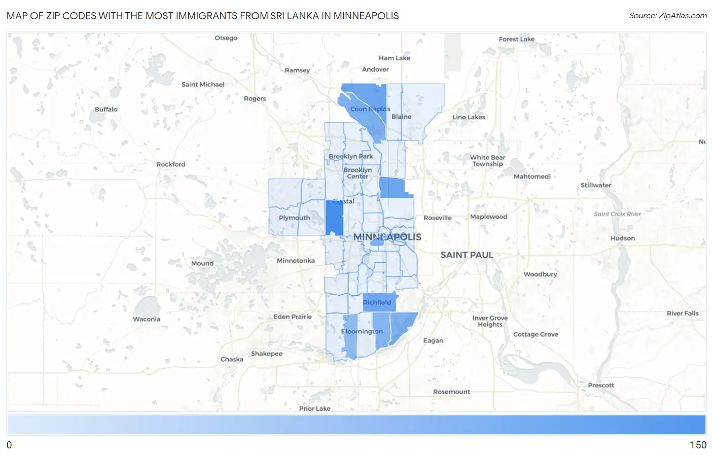 Zip Codes with the Most Immigrants from Sri Lanka in Minneapolis Map