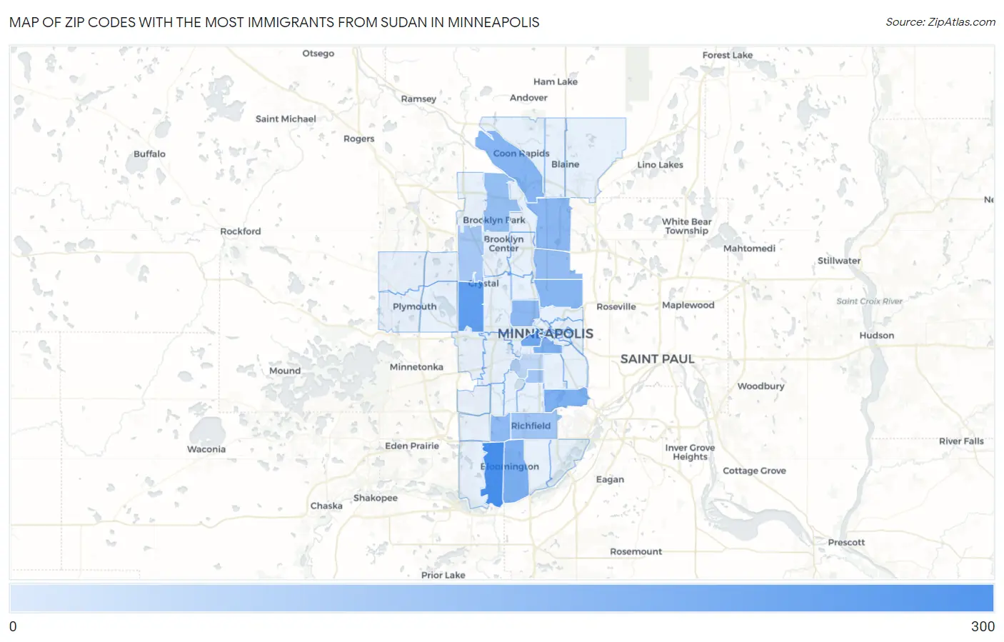 Zip Codes with the Most Immigrants from Sudan in Minneapolis Map