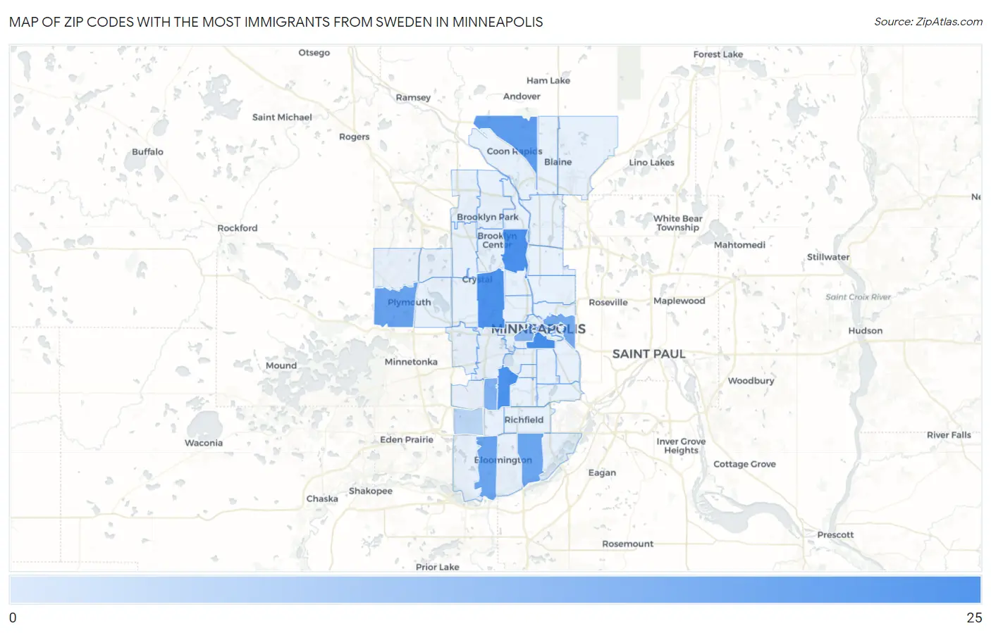 Zip Codes with the Most Immigrants from Sweden in Minneapolis Map
