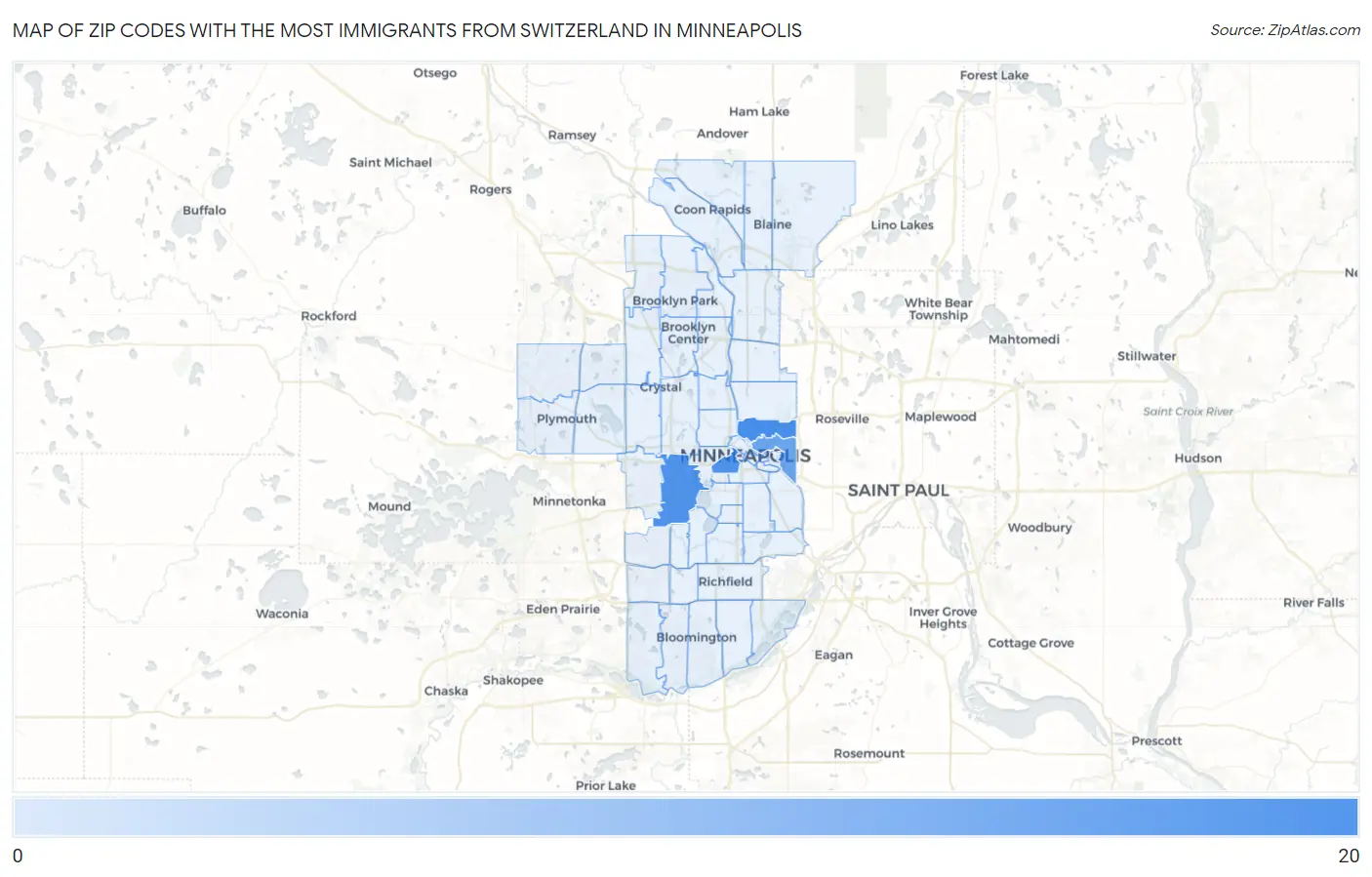 Zip Codes with the Most Immigrants from Switzerland in Minneapolis Map