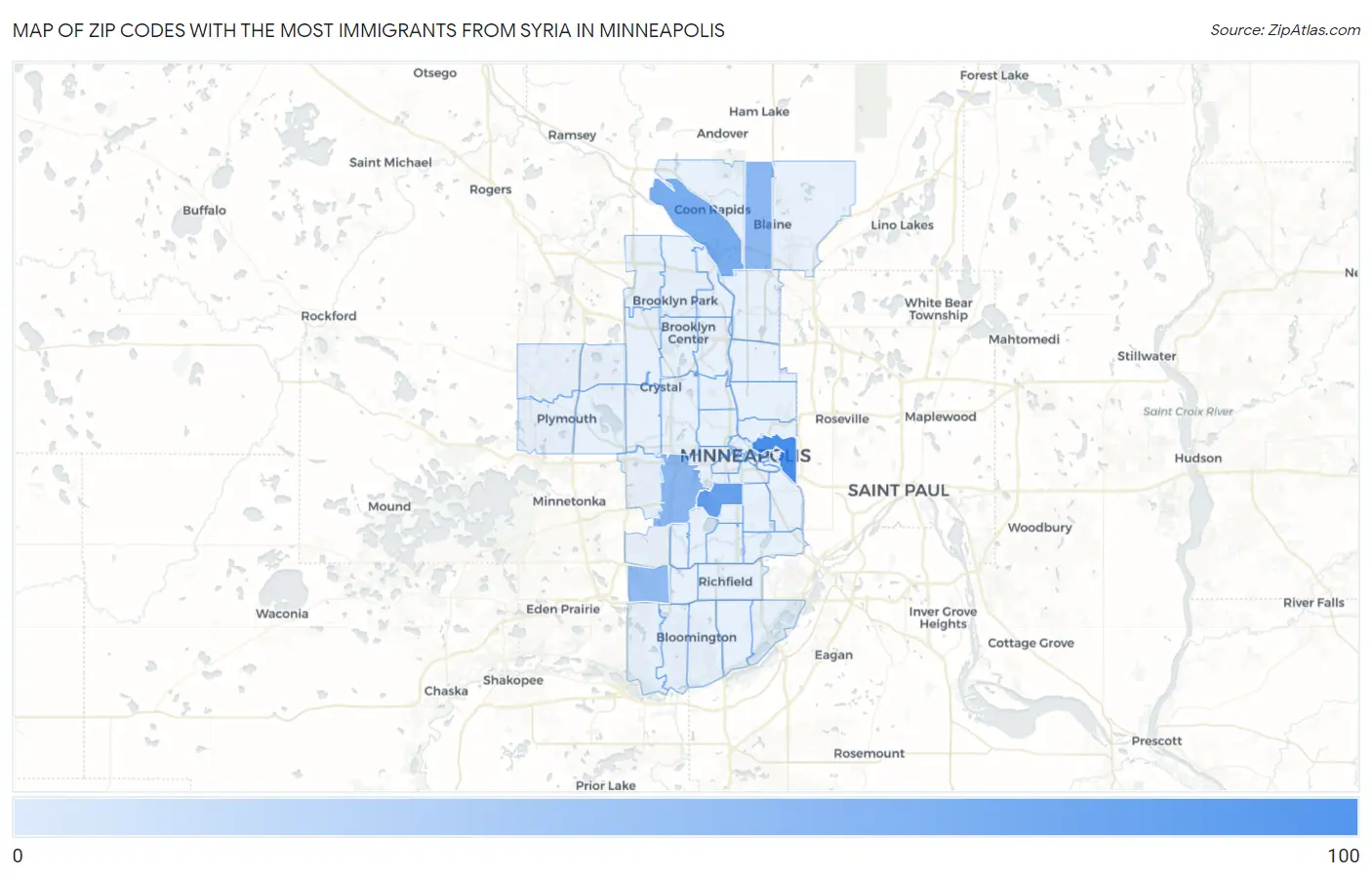 Zip Codes with the Most Immigrants from Syria in Minneapolis Map