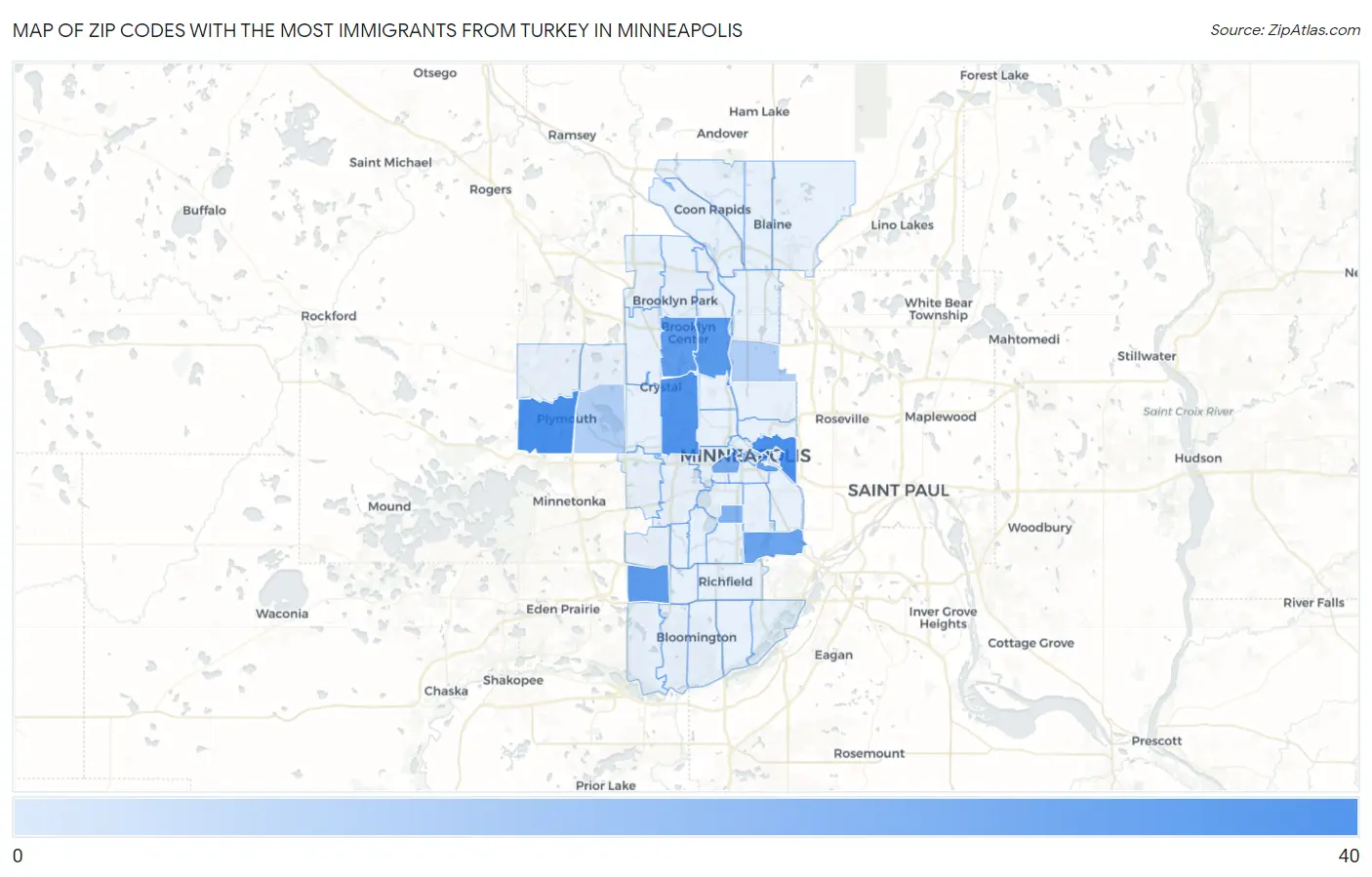 Zip Codes with the Most Immigrants from Turkey in Minneapolis Map