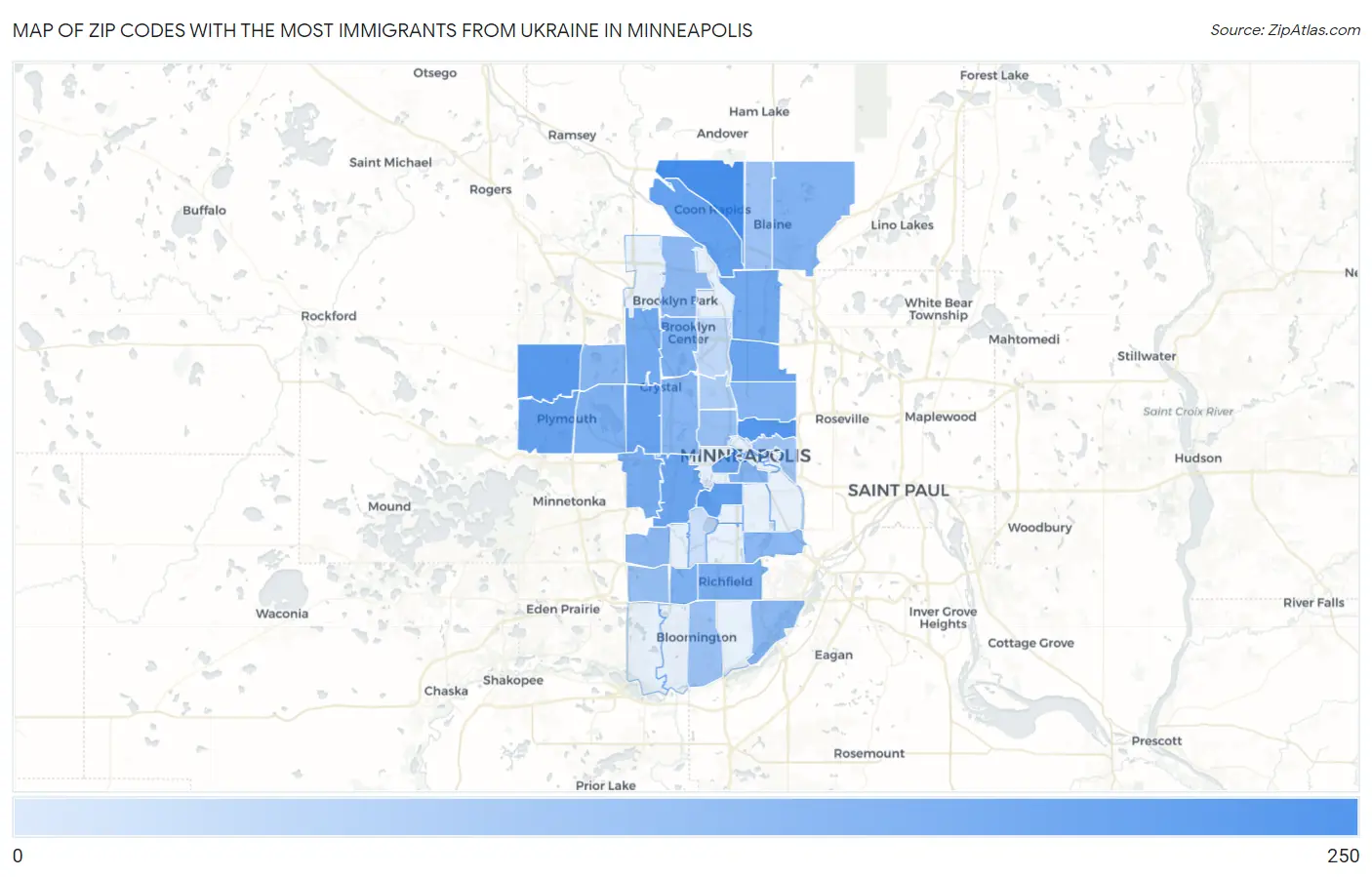 Zip Codes with the Most Immigrants from Ukraine in Minneapolis Map
