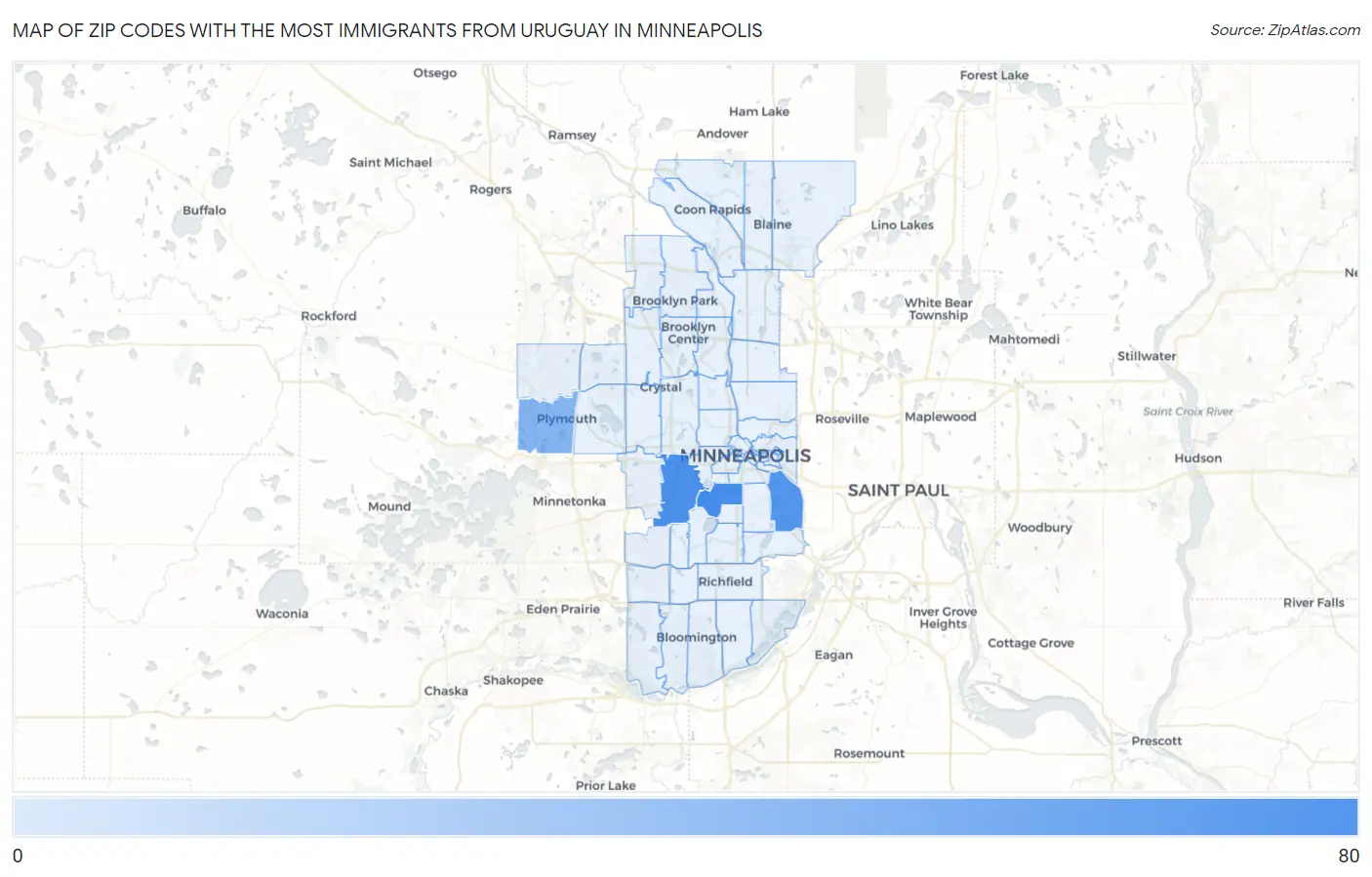 Zip Codes with the Most Immigrants from Uruguay in Minneapolis Map