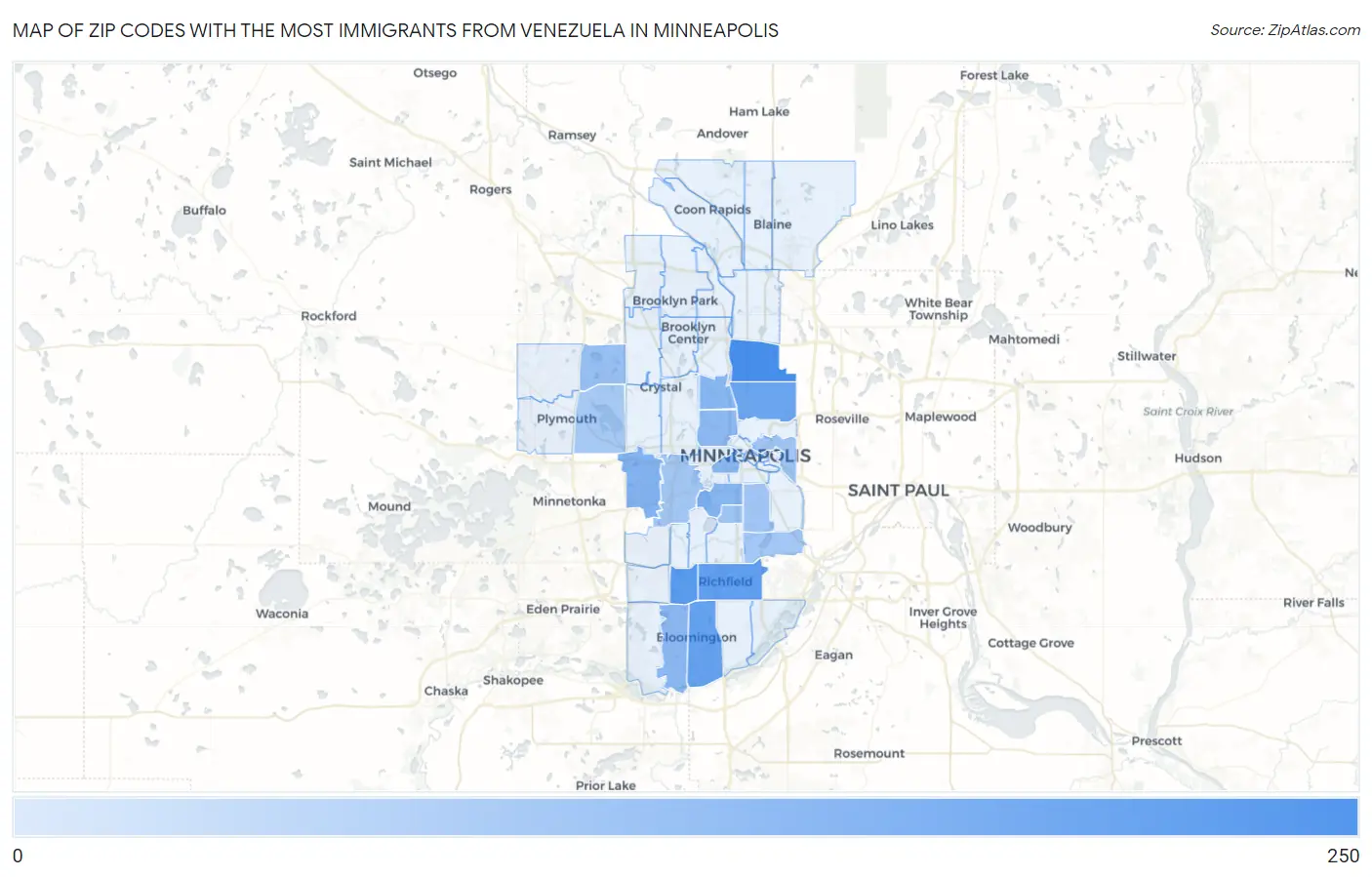 Zip Codes with the Most Immigrants from Venezuela in Minneapolis Map