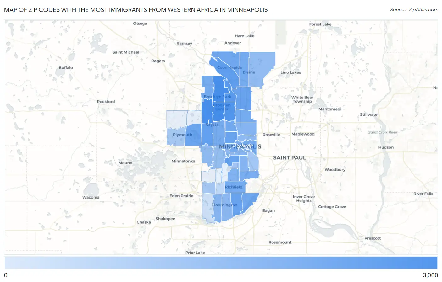 Zip Codes with the Most Immigrants from Western Africa in Minneapolis Map