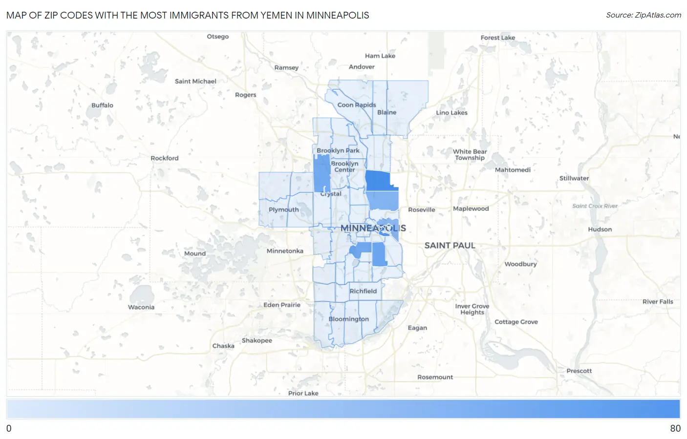 Zip Codes with the Most Immigrants from Yemen in Minneapolis Map
