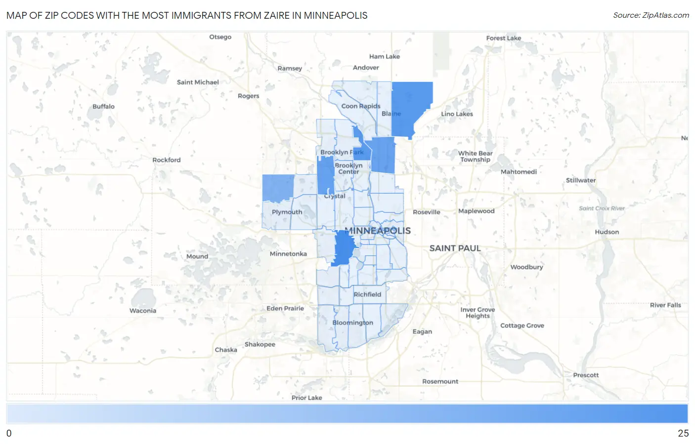 Zip Codes with the Most Immigrants from Zaire in Minneapolis Map