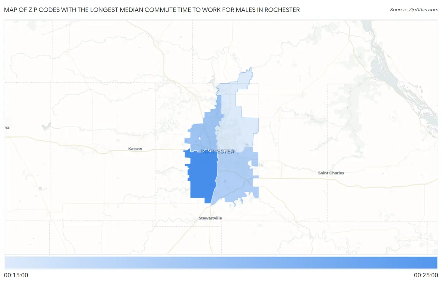Zip Codes with the Longest Median Commute Time to Work for Males in Rochester Map