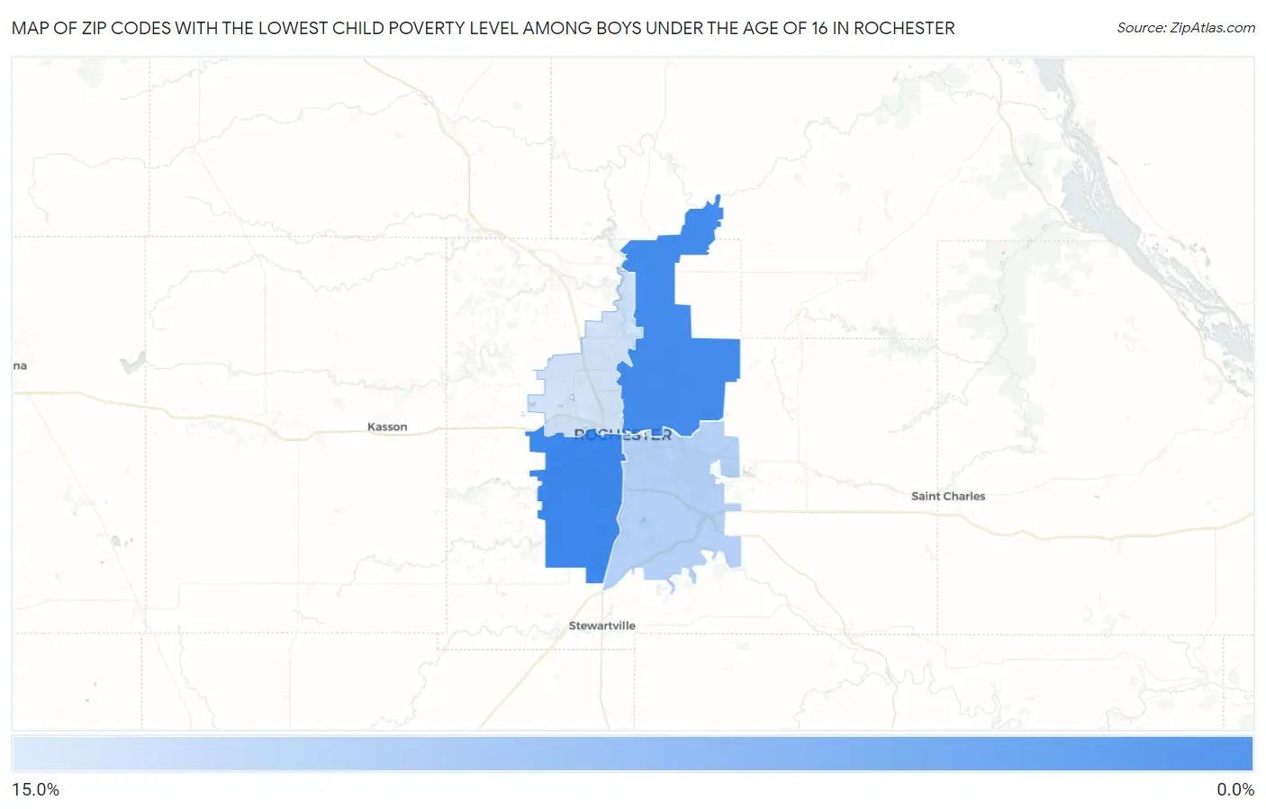 Zip Codes with the Lowest Child Poverty Level Among Boys Under the Age of 16 in Rochester Map