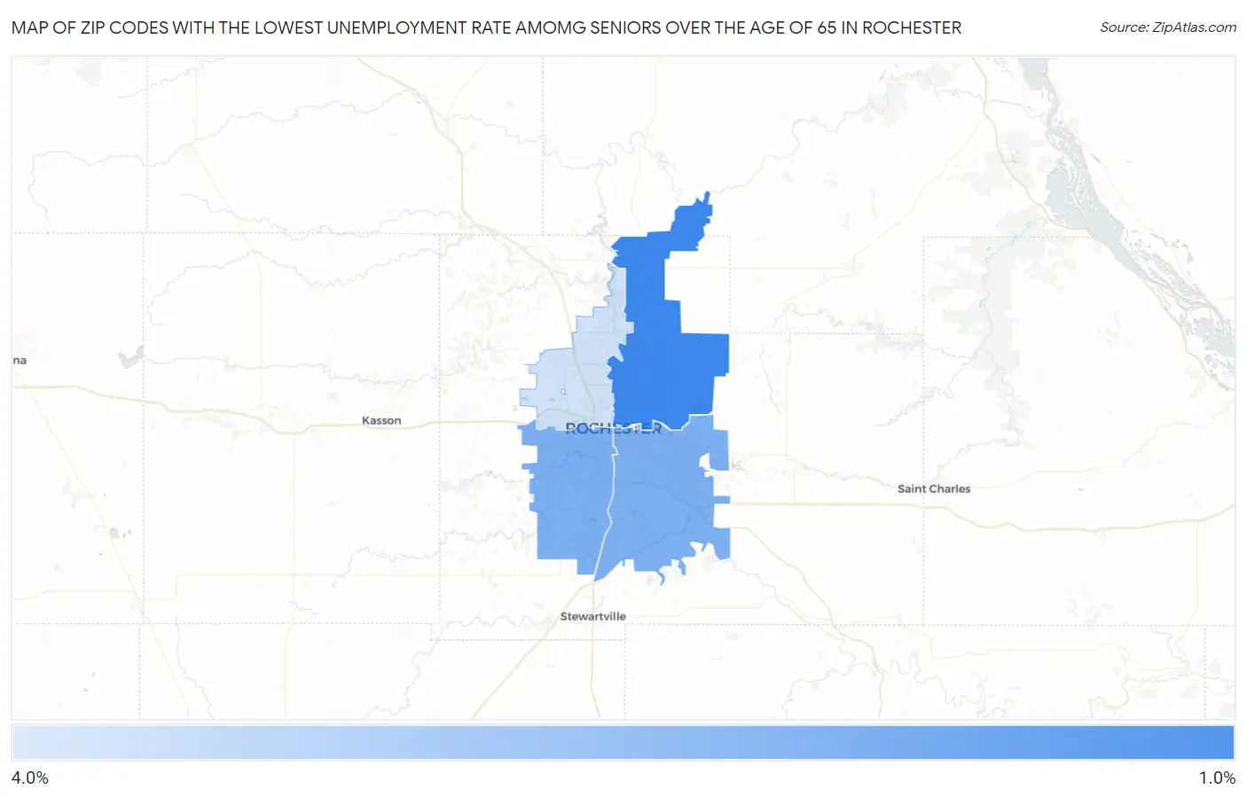Zip Codes with the Lowest Unemployment Rate Amomg Seniors Over the Age of 65 in Rochester Map