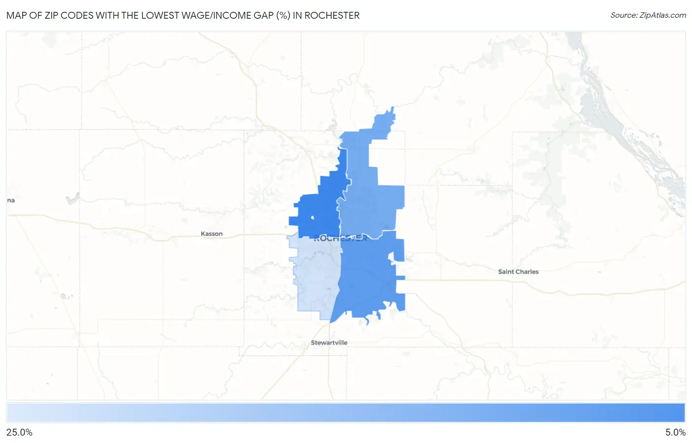 Zip Codes with the Lowest Wage/Income Gap (%) in Rochester Map