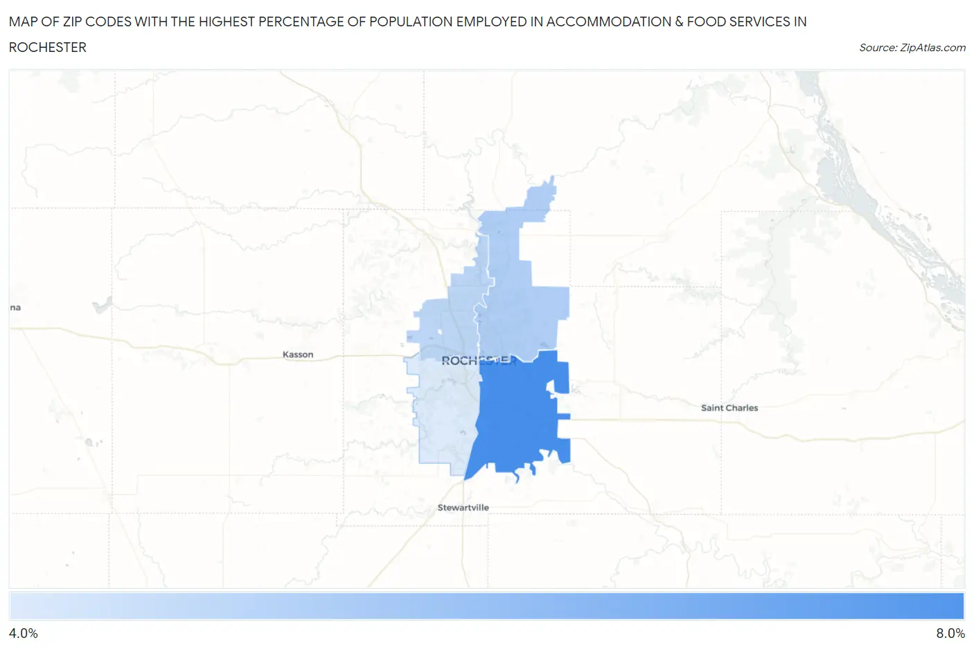 Zip Codes with the Highest Percentage of Population Employed in Accommodation & Food Services in Rochester Map