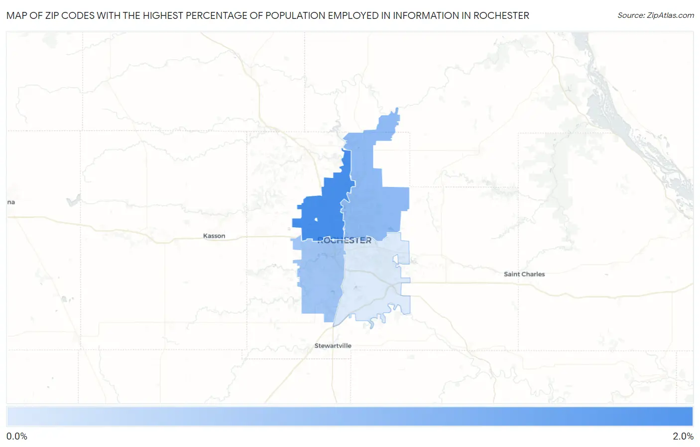Zip Codes with the Highest Percentage of Population Employed in Information in Rochester Map