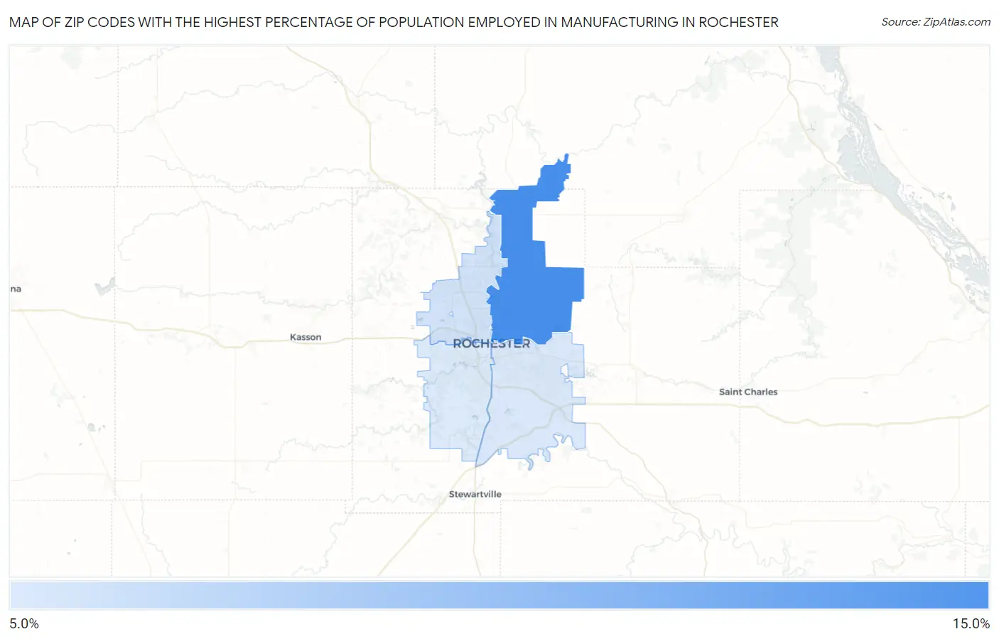 Zip Codes with the Highest Percentage of Population Employed in Manufacturing in Rochester Map