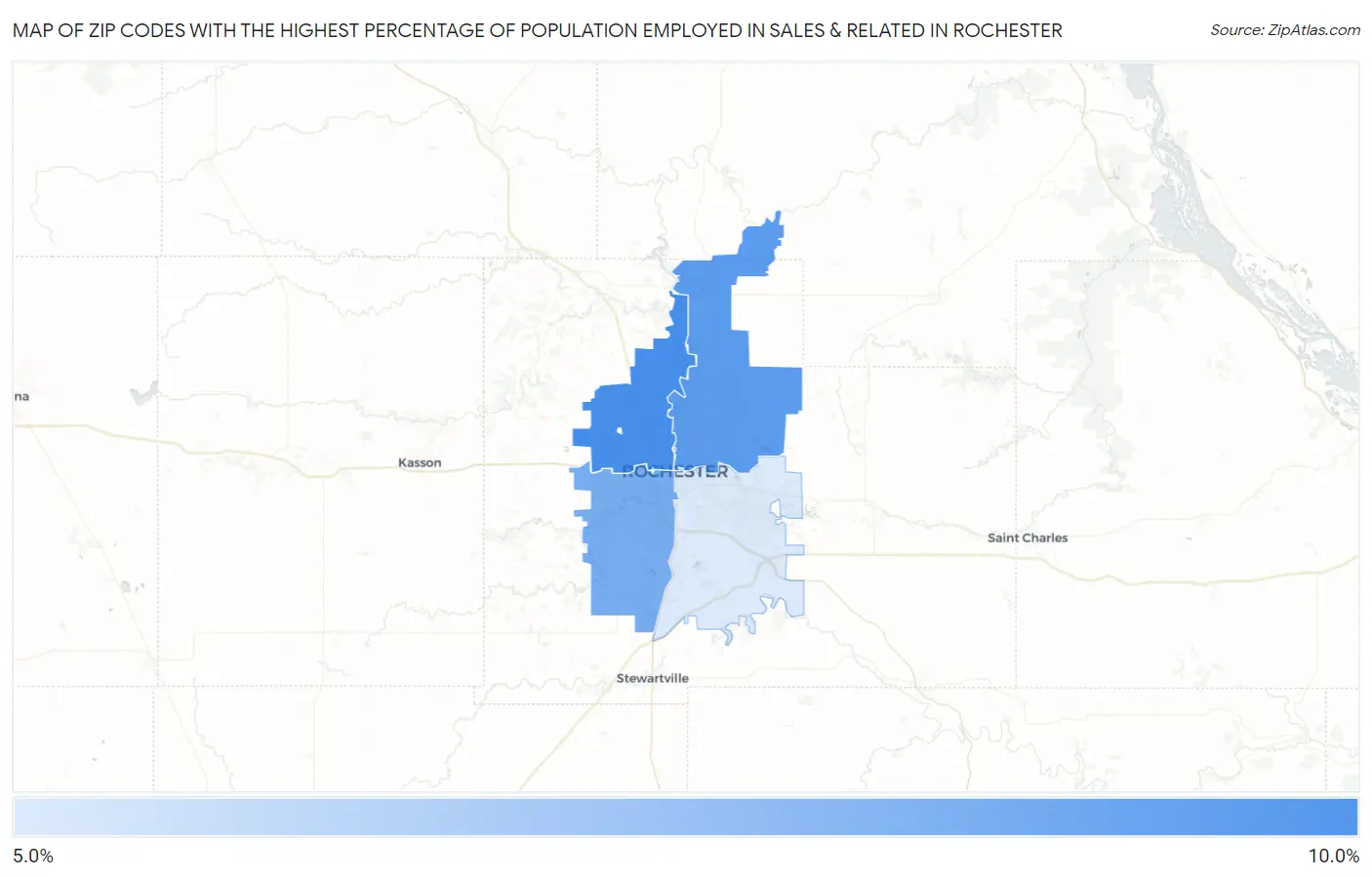 Zip Codes with the Highest Percentage of Population Employed in Sales & Related in Rochester Map