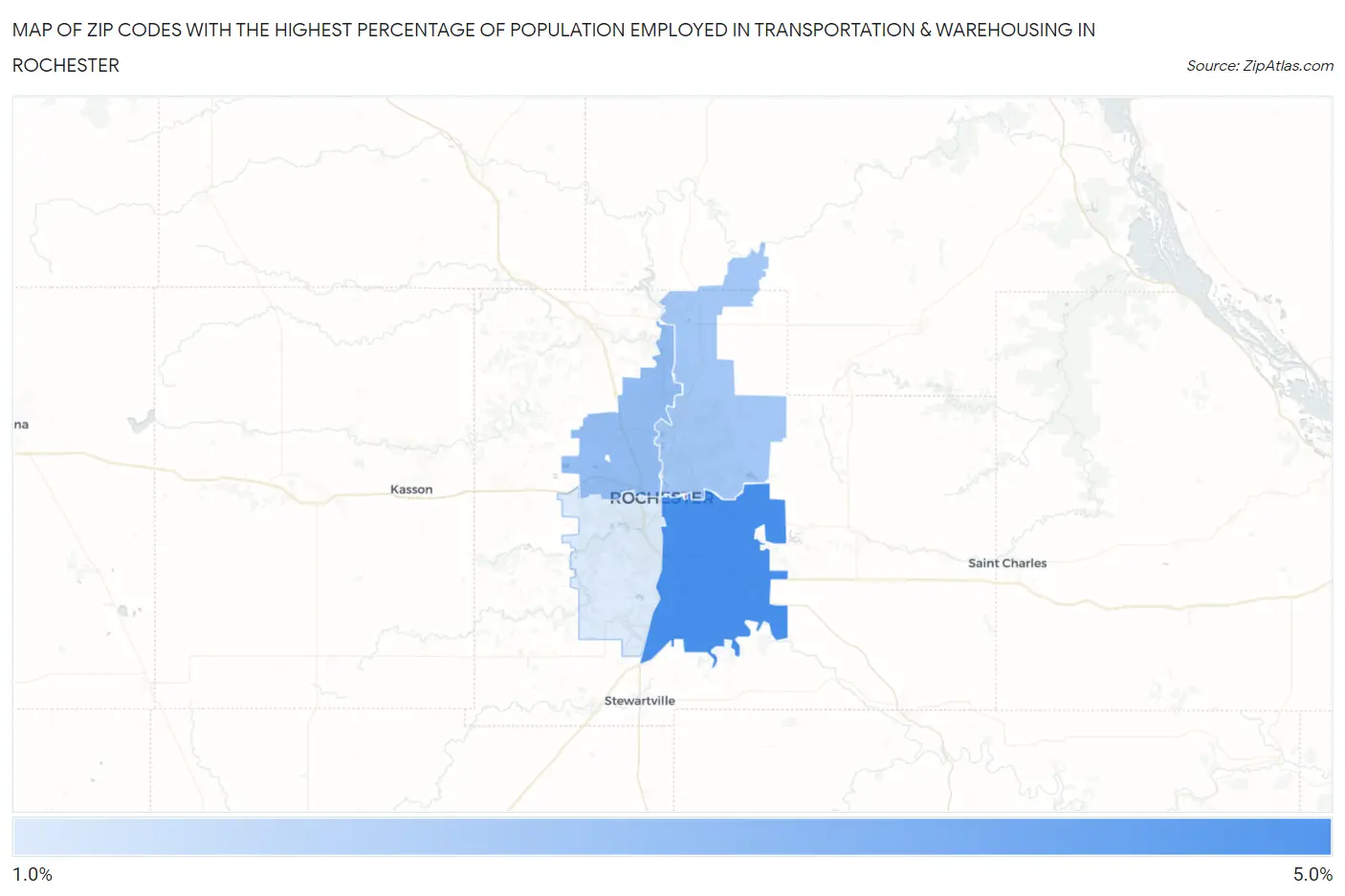 Zip Codes with the Highest Percentage of Population Employed in Transportation & Warehousing in Rochester Map