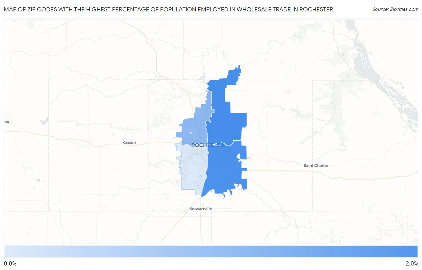 Zip Codes with the Highest Percentage of Population Employed in Wholesale Trade in Rochester Map