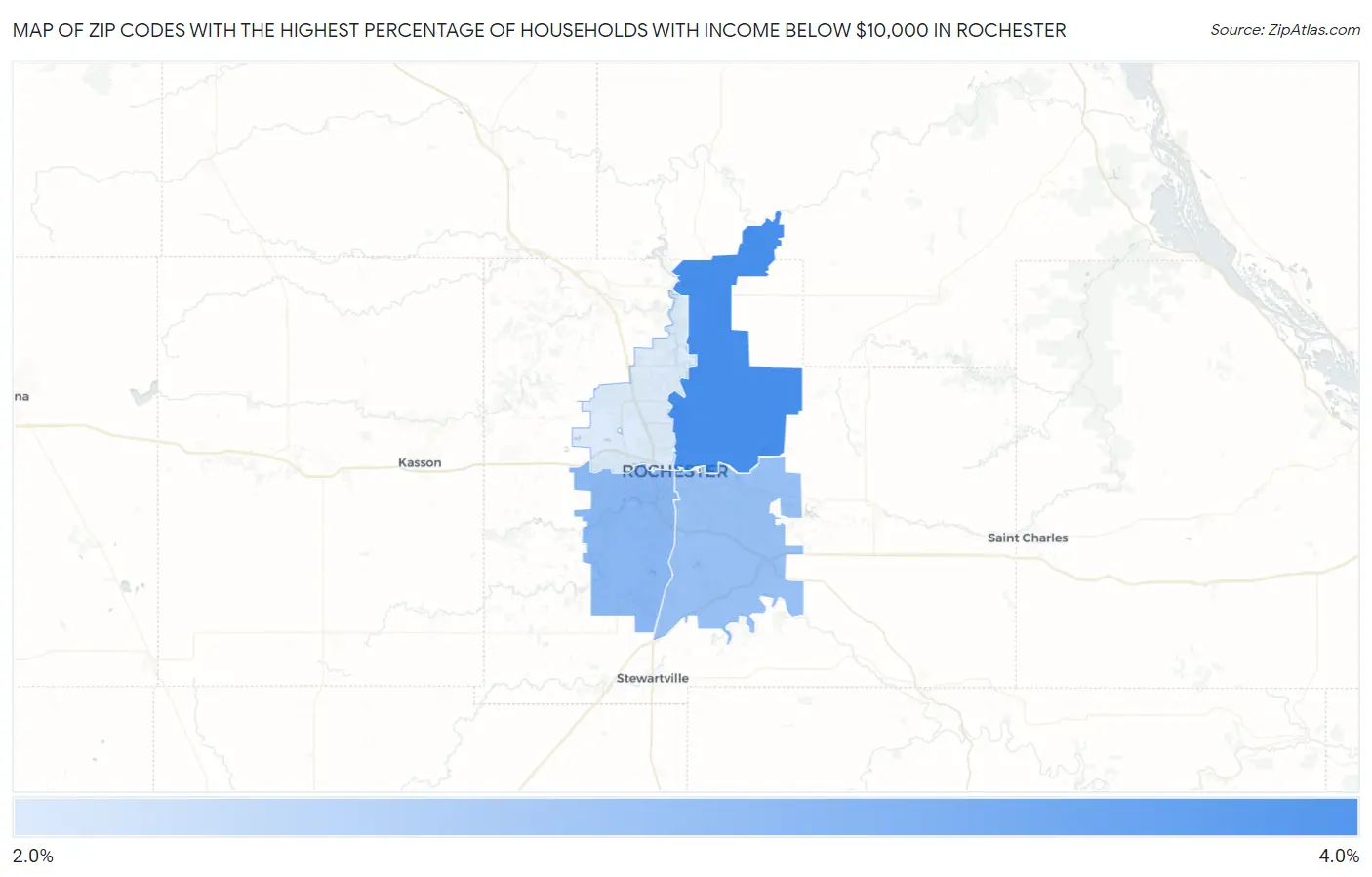 Zip Codes with the Highest Percentage of Households with Income Below $10,000 in Rochester Map