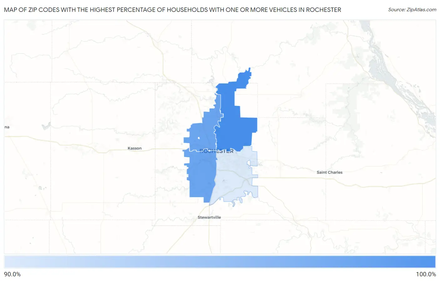 Zip Codes with the Highest Percentage of Households With One or more Vehicles in Rochester Map