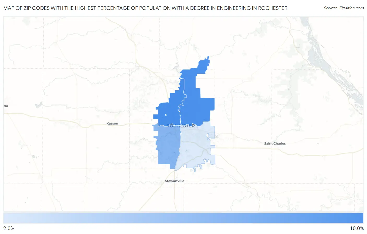 Zip Codes with the Highest Percentage of Population with a Degree in Engineering in Rochester Map
