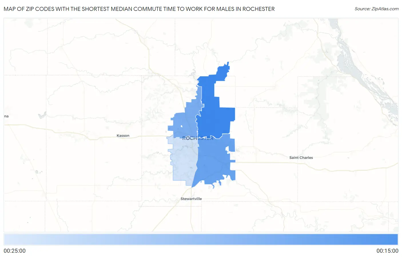 Zip Codes with the Shortest Median Commute Time to Work for Males in Rochester Map