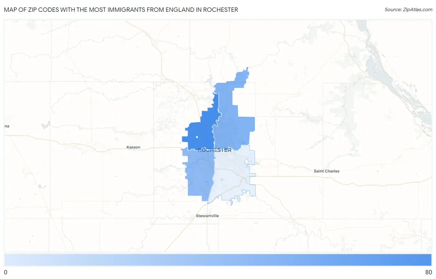 Zip Codes with the Most Immigrants from England in Rochester Map