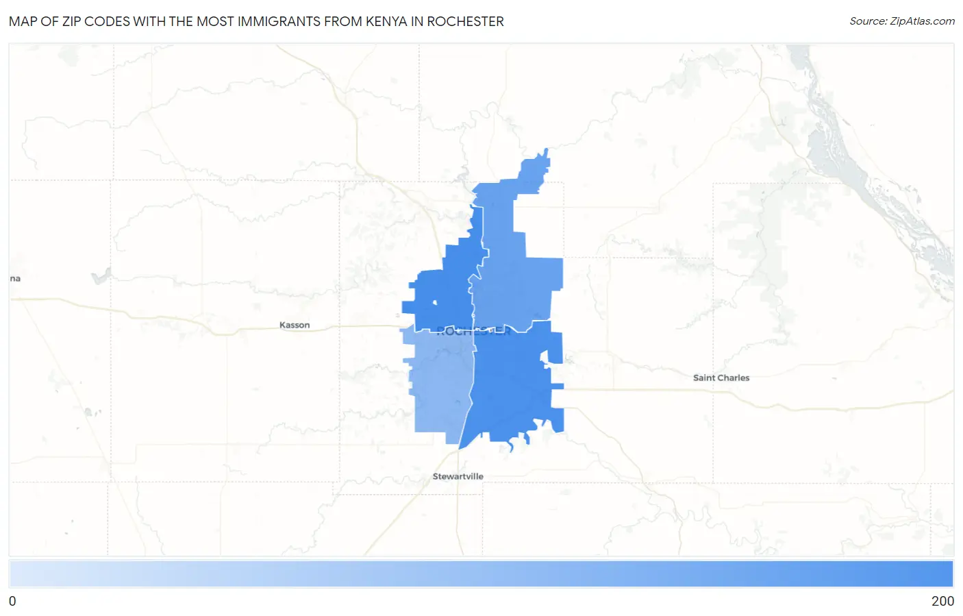 Zip Codes with the Most Immigrants from Kenya in Rochester Map