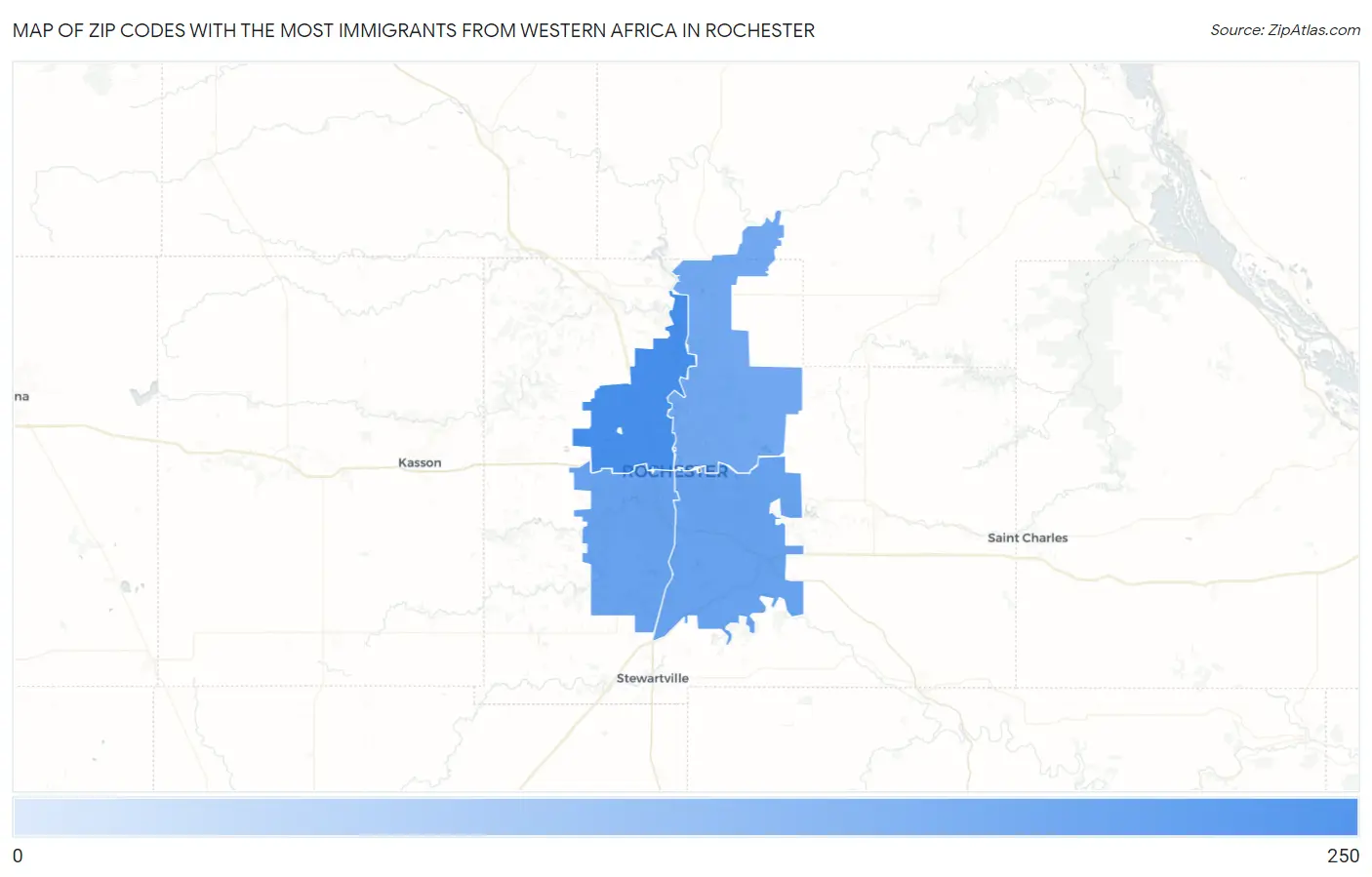 Zip Codes with the Most Immigrants from Western Africa in Rochester Map