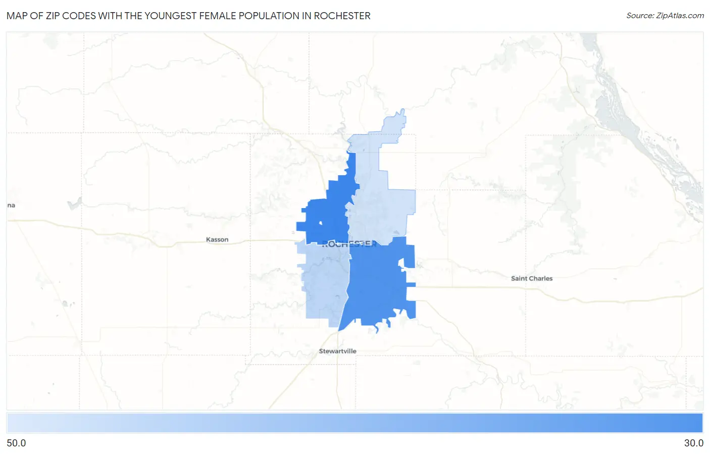 Zip Codes with the Youngest Female Population in Rochester Map