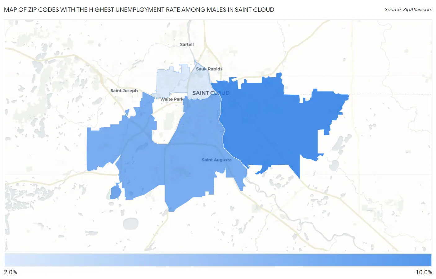 Zip Codes with the Highest Unemployment Rate Among Males in Saint Cloud Map