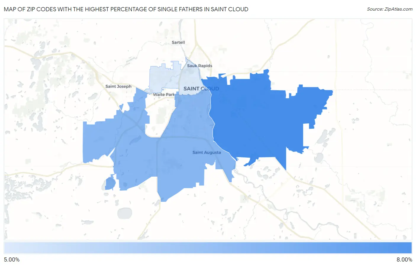 Zip Codes with the Highest Percentage of Single Fathers in Saint Cloud Map