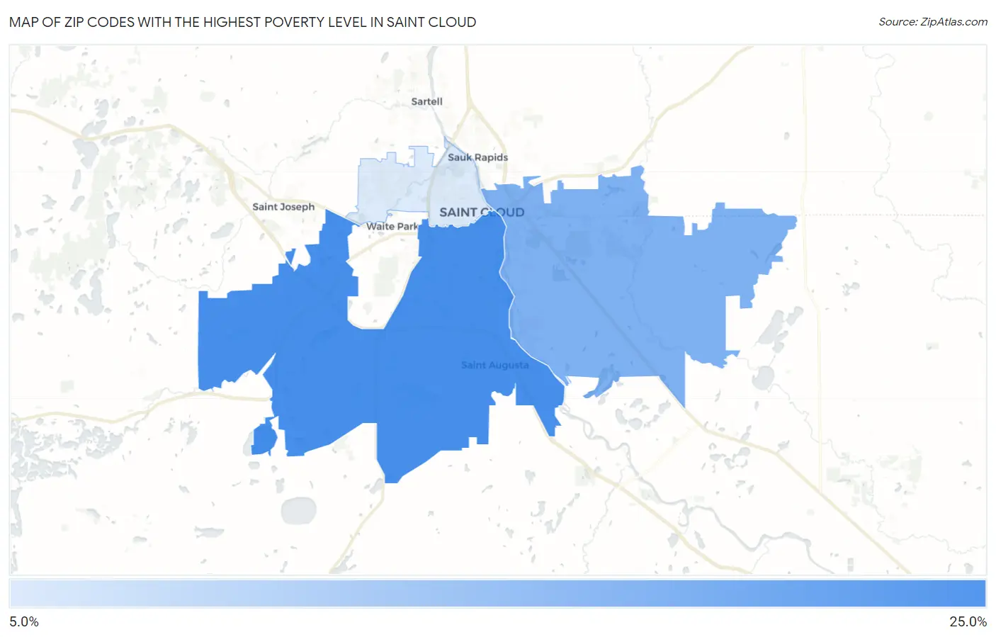 Zip Codes with the Highest Poverty Level in Saint Cloud Map