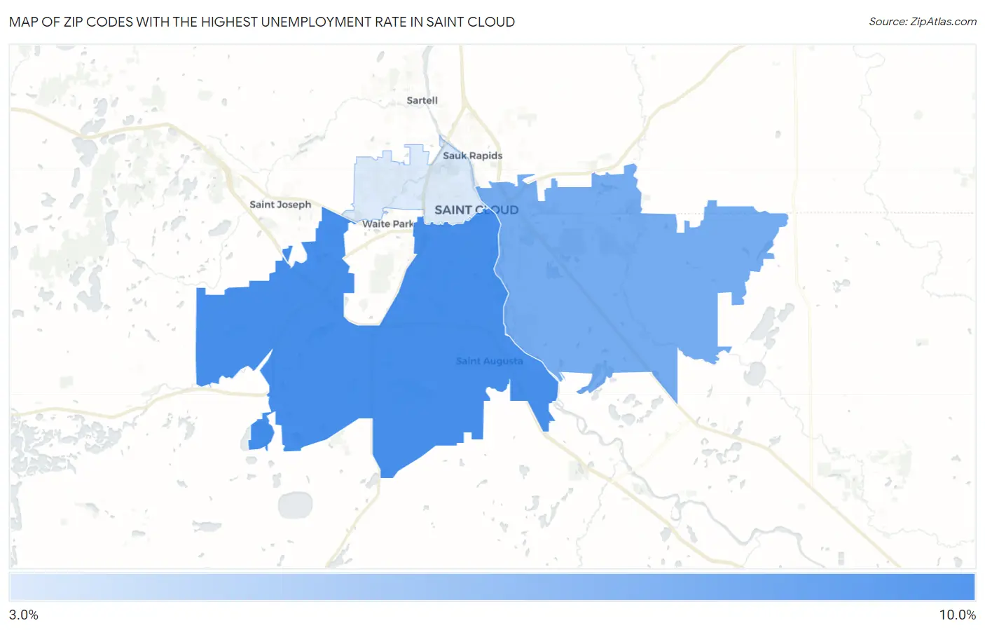 Zip Codes with the Highest Unemployment Rate in Saint Cloud Map