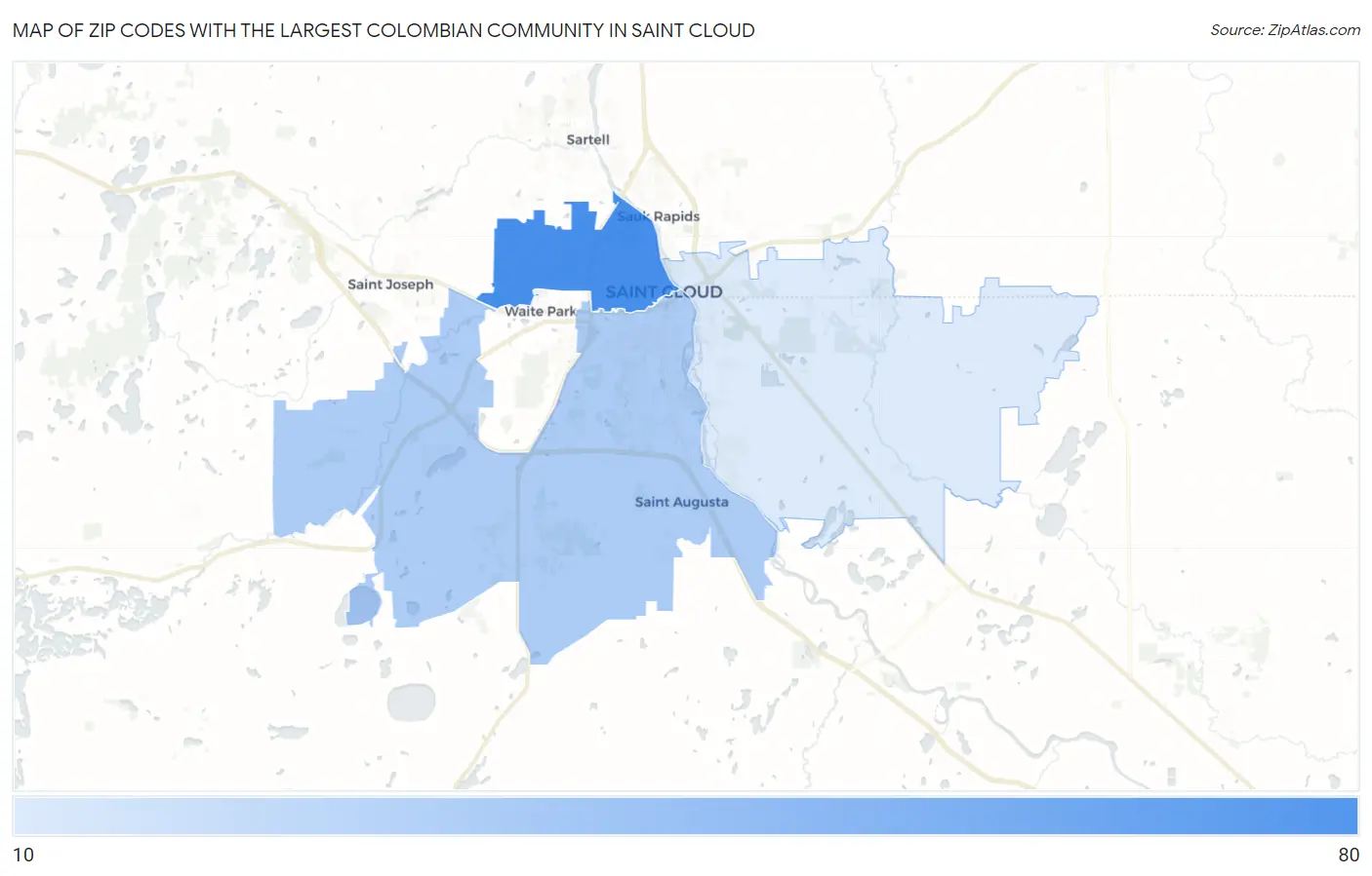 Zip Codes with the Largest Colombian Community in Saint Cloud Map