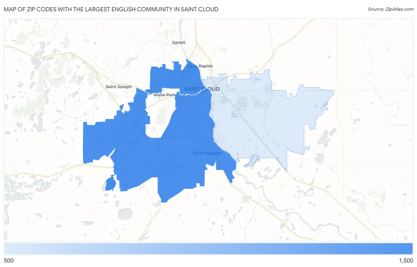 Zip Codes with the Largest English Community in Saint Cloud Map