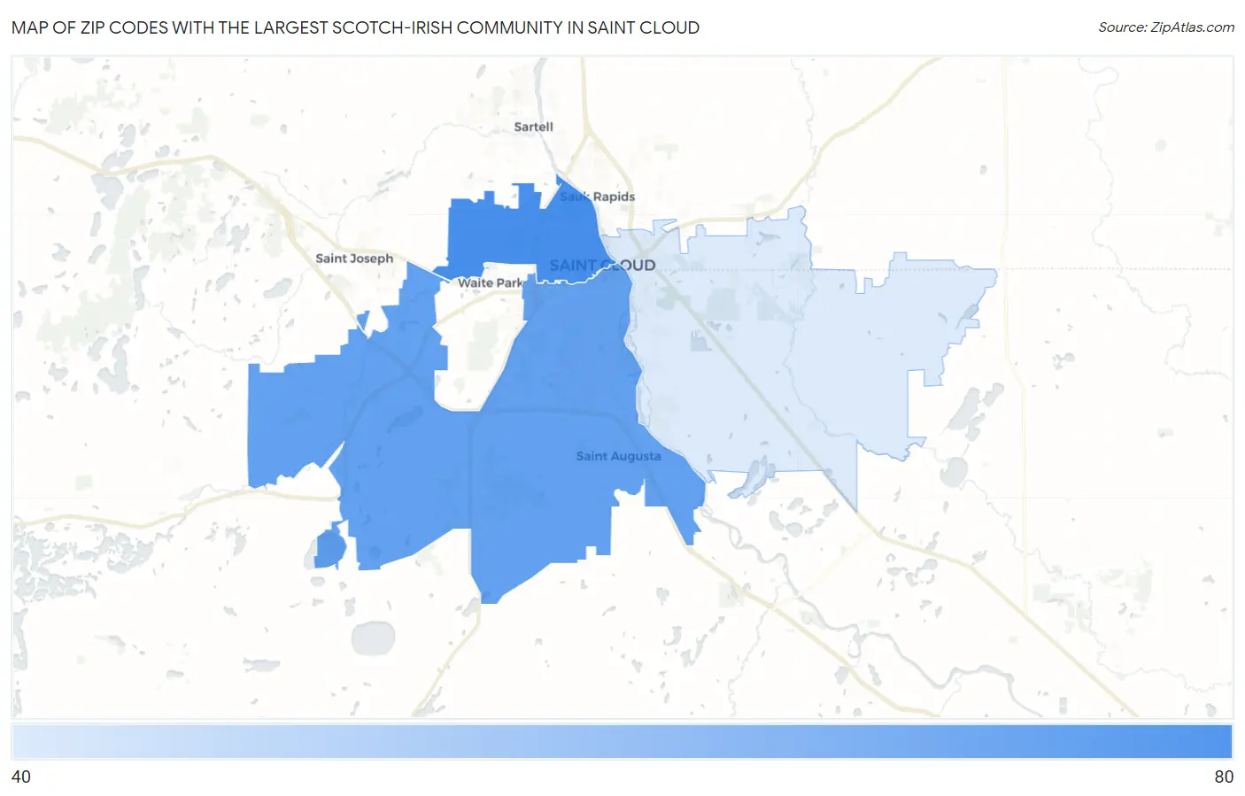 Zip Codes with the Largest Scotch-Irish Community in Saint Cloud Map
