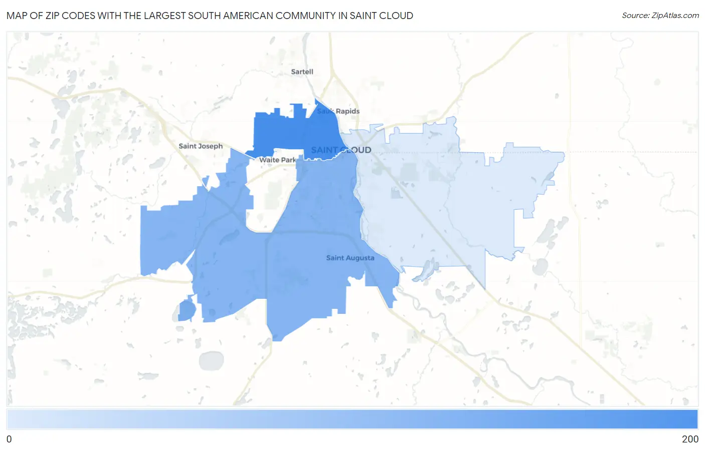 Zip Codes with the Largest South American Community in Saint Cloud Map