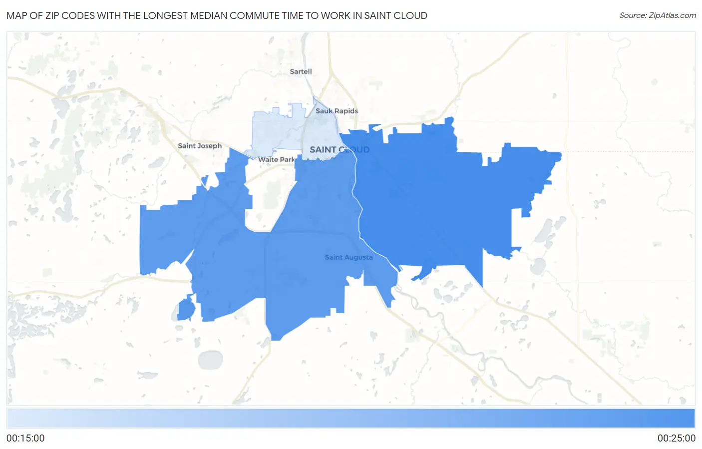 Zip Codes with the Longest Median Commute Time to Work in Saint Cloud Map