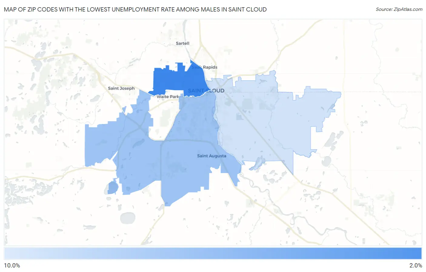 Zip Codes with the Lowest Unemployment Rate Among Males in Saint Cloud Map